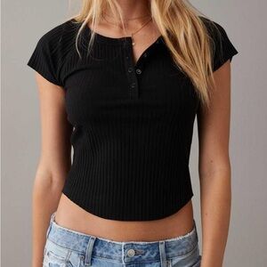 American Eagle Outfitters Black Ribbed Button-Up Top
